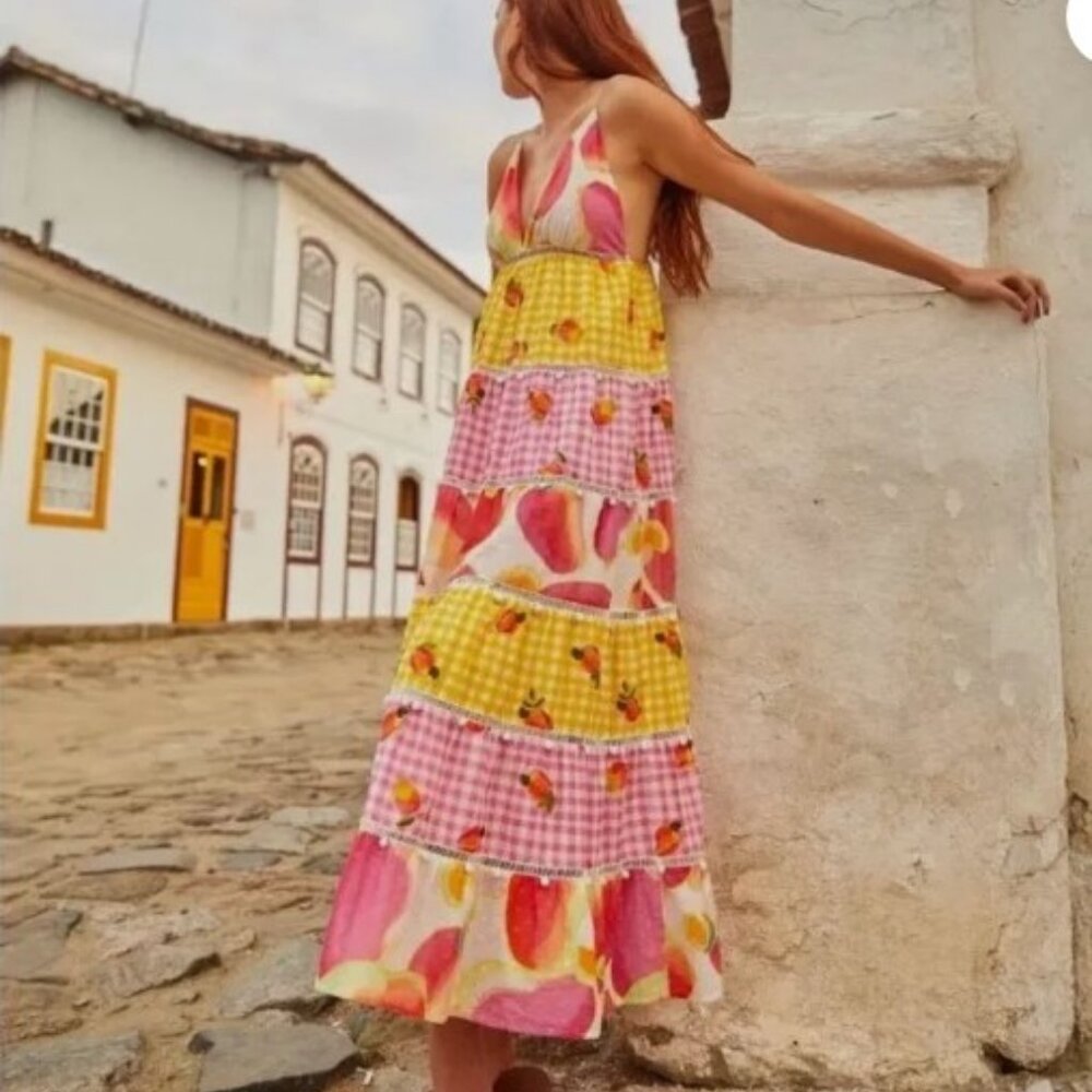 Farm Rio Mixed Picnic Cashew dress Medium Maxi midi